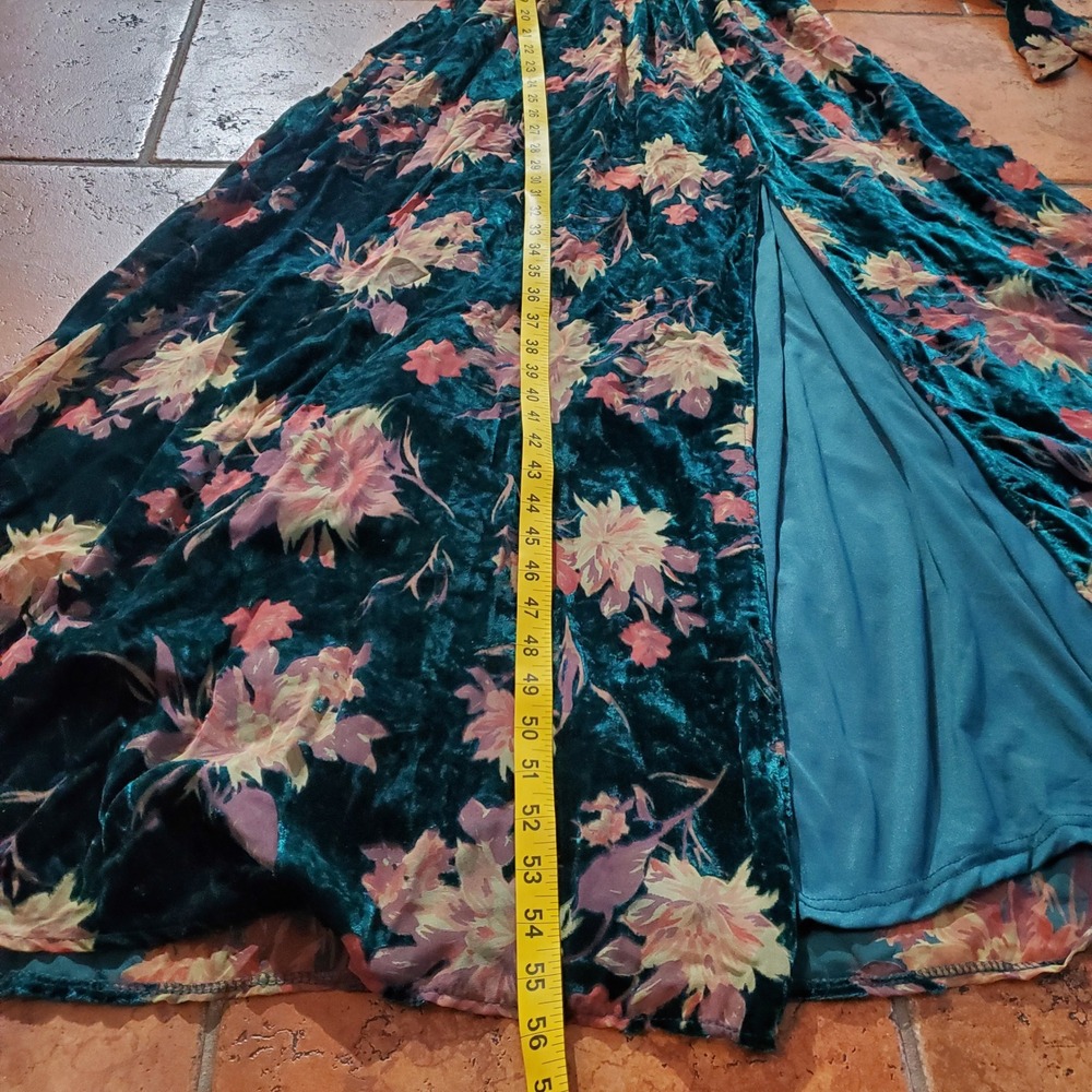 Baltic Born Lydia Teal Floral Velvet Maxi Dress Small Short Sleeve V-Neck - Picture 12 of 14
